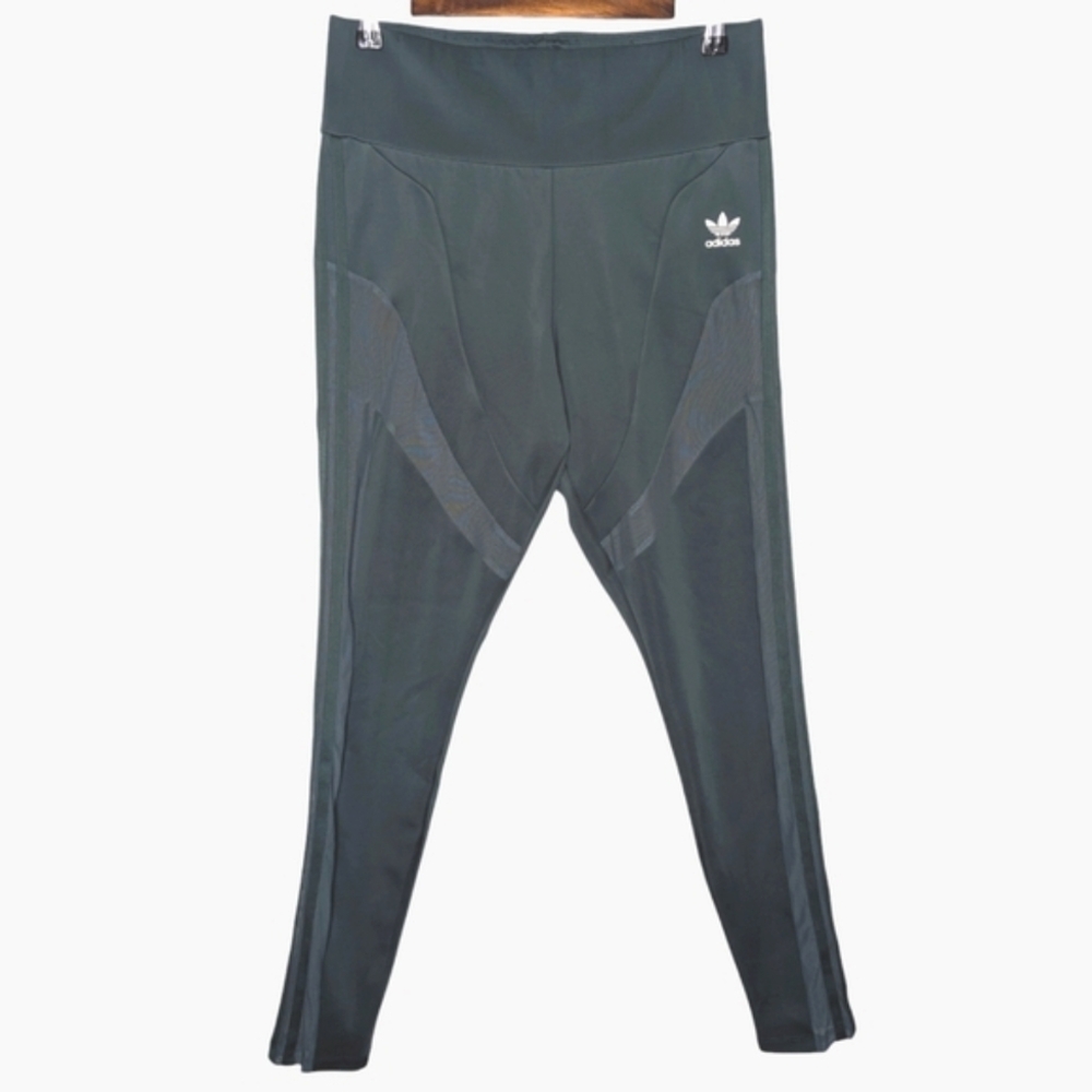 Adidas Dark Green Full Length Mesh Panel High Rise Athletic Leggings Size Large